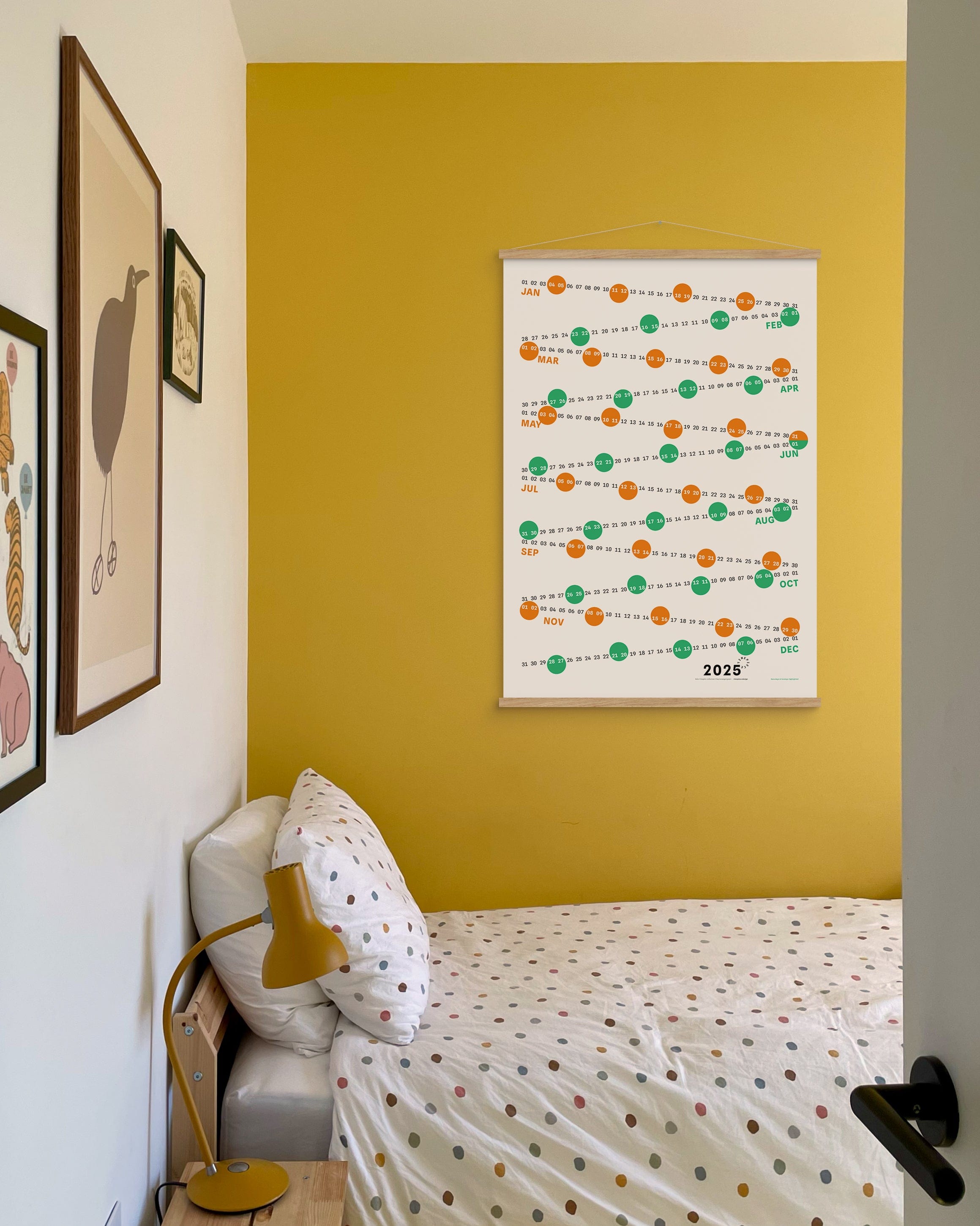 Bedroom with yellow wall, framed artwork, and polka dot bedding.
