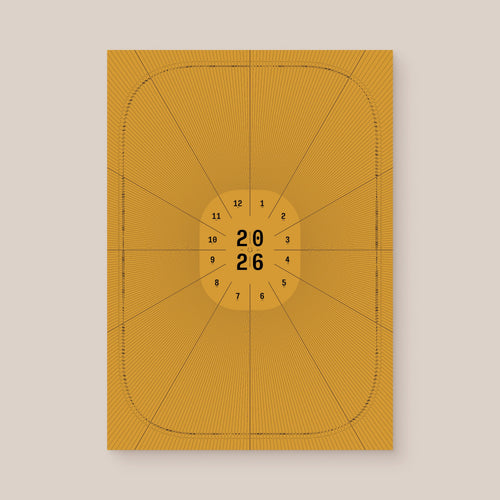 Yellow geometric calendar with a circular design and numbers on a beige wall, unframed