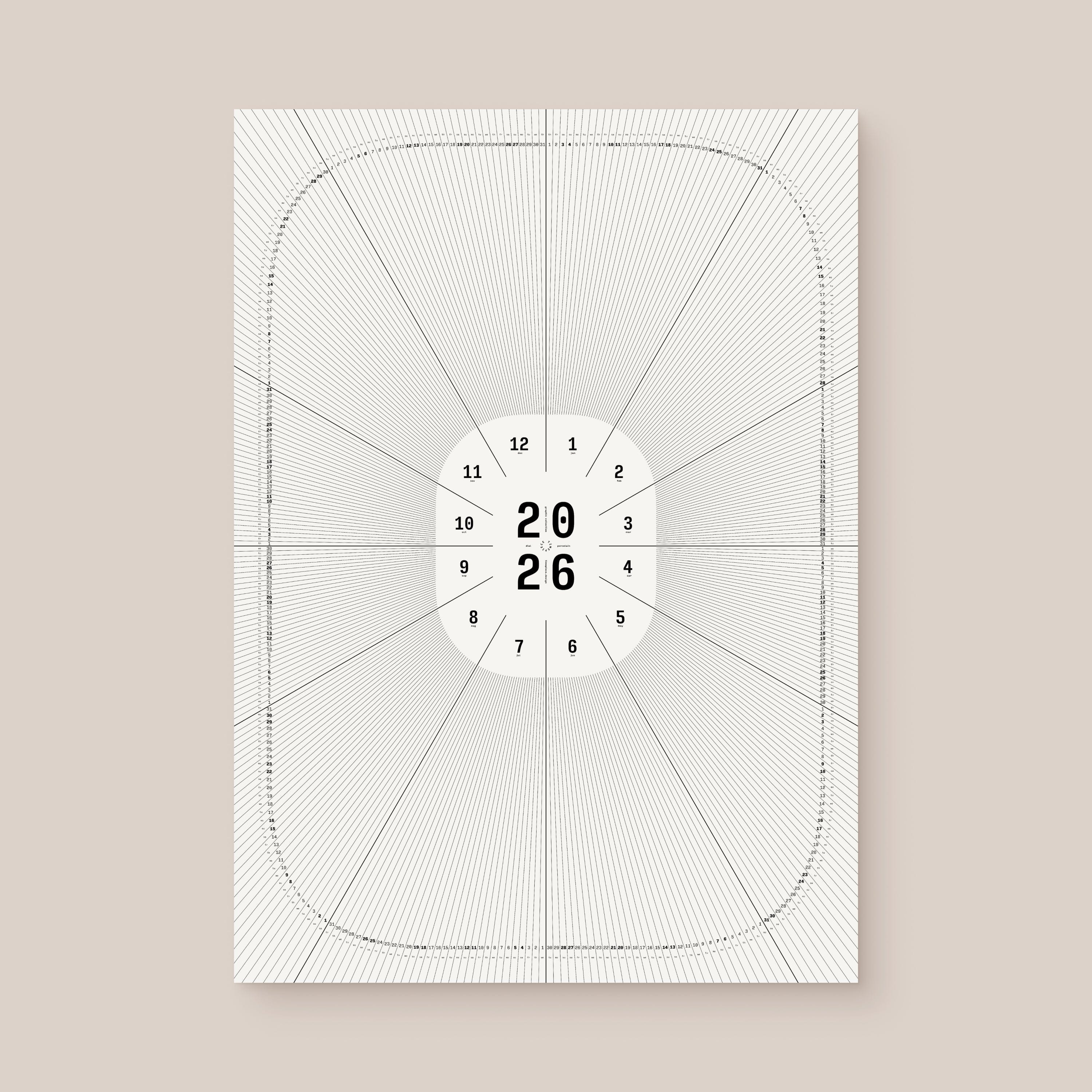Geometric calendar with a circular design and numbers on a beige wall, unframed