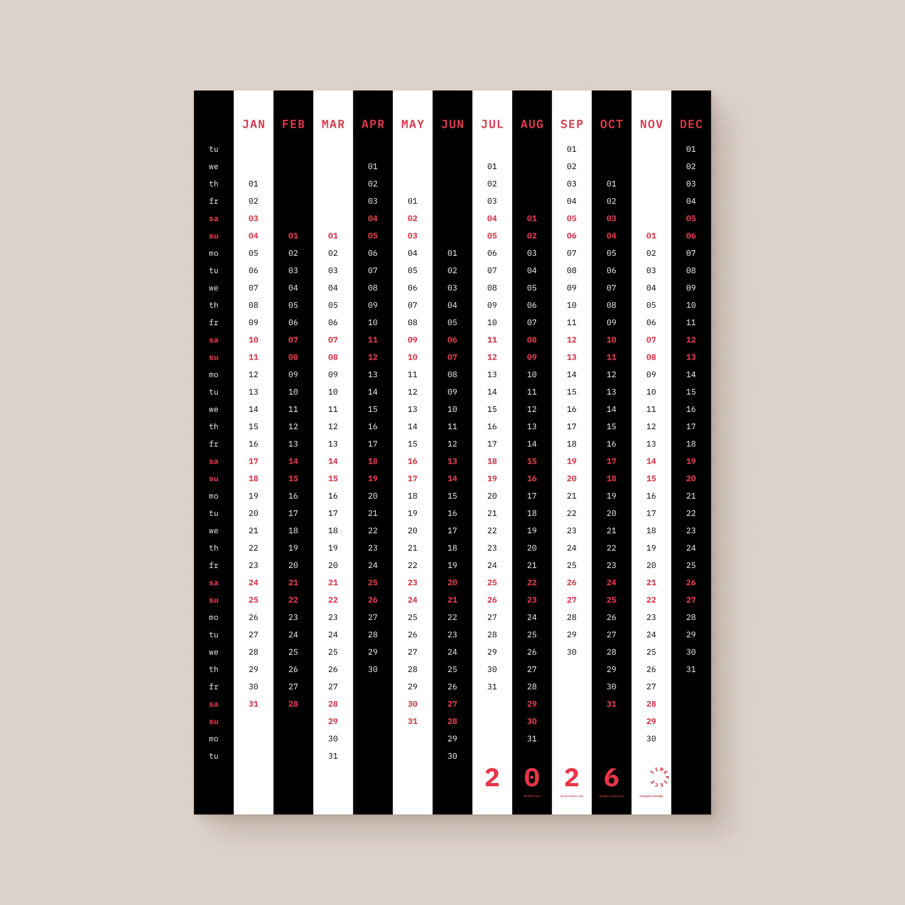 Yearly calendar with black and white vertical stripes and red highlights on a beige background, unframed