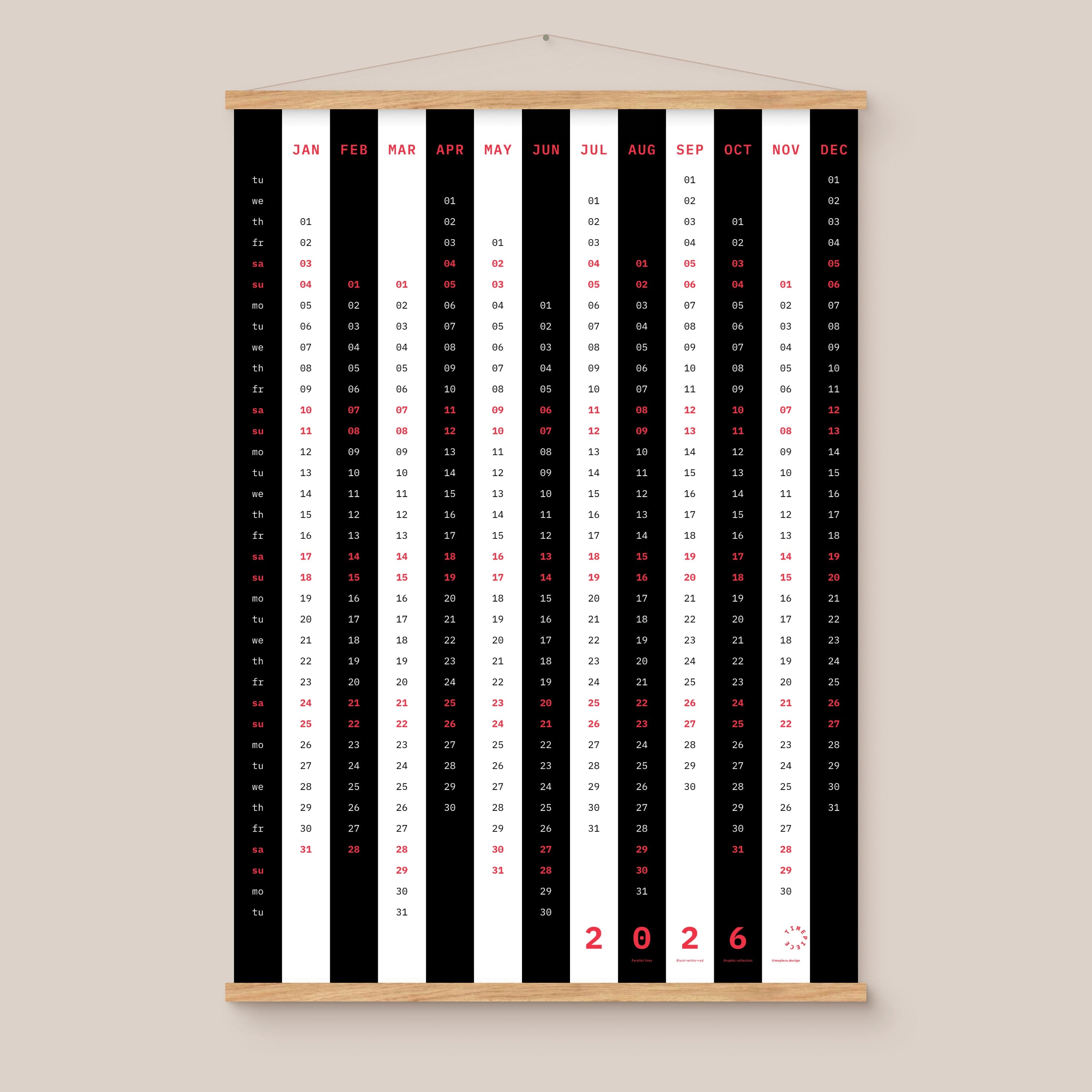Yearly calendar with black and white vertical stripes and red highlights on a beige background, natural wooden frame