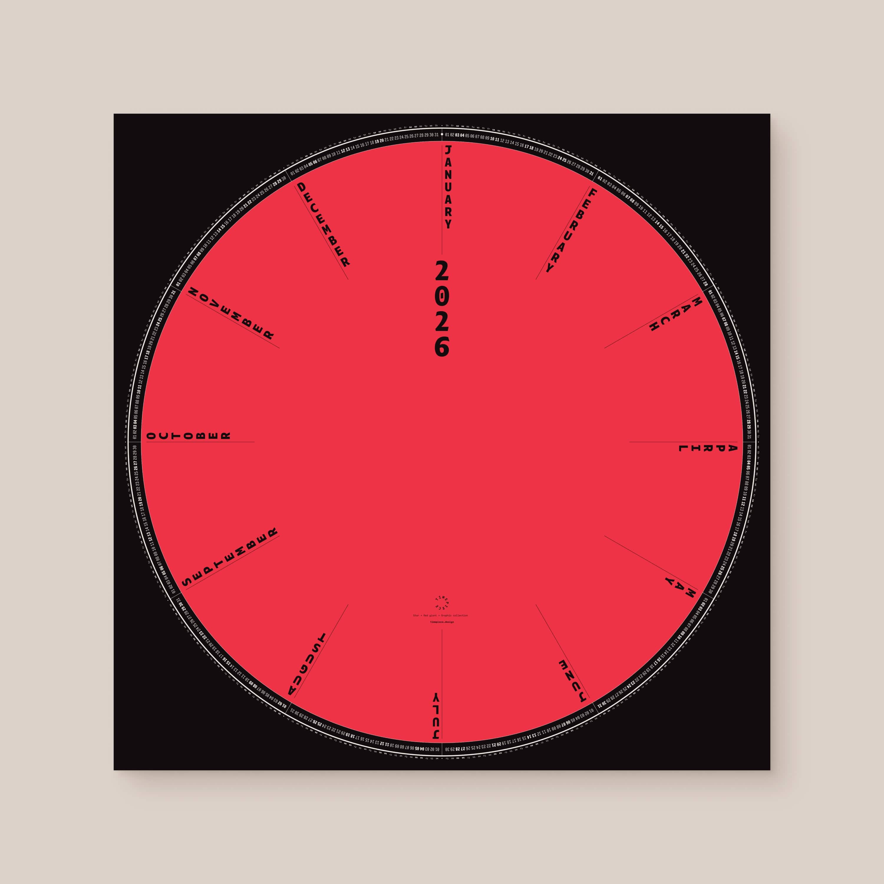 Circular red and black calendar with '2026' and text on a beige background, unframed