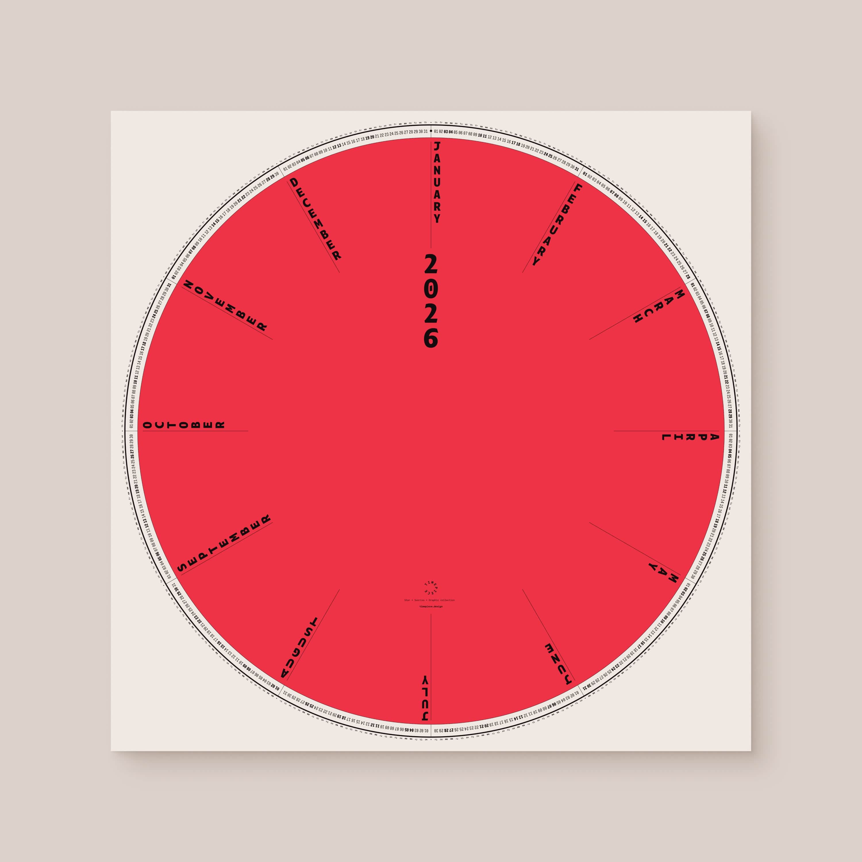 Circular red and white calendar with '2026' and text on a beige background, unframed