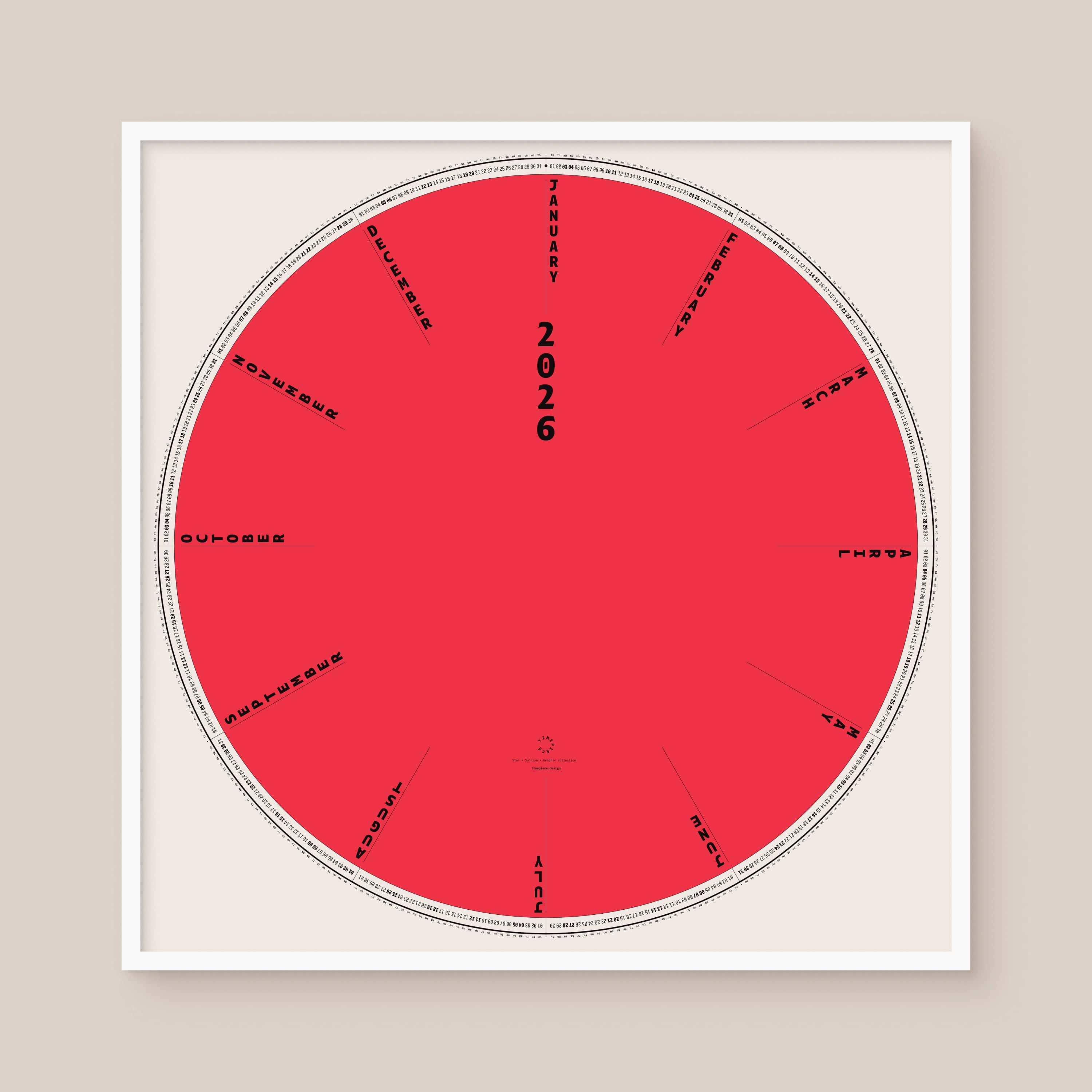 Circular red and white calendar with '2026' and text on a beige background, white frame