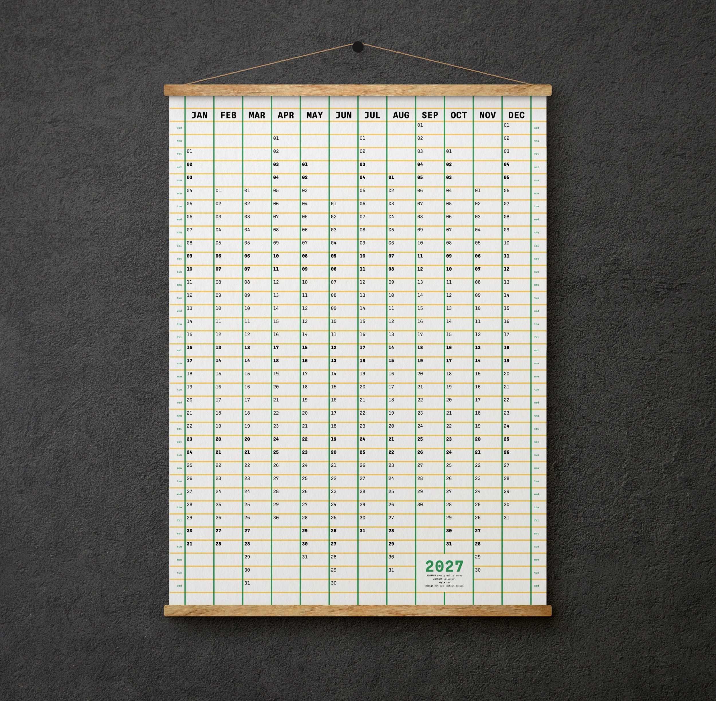Perpetual calendar for the year 2027 on a dark gray background