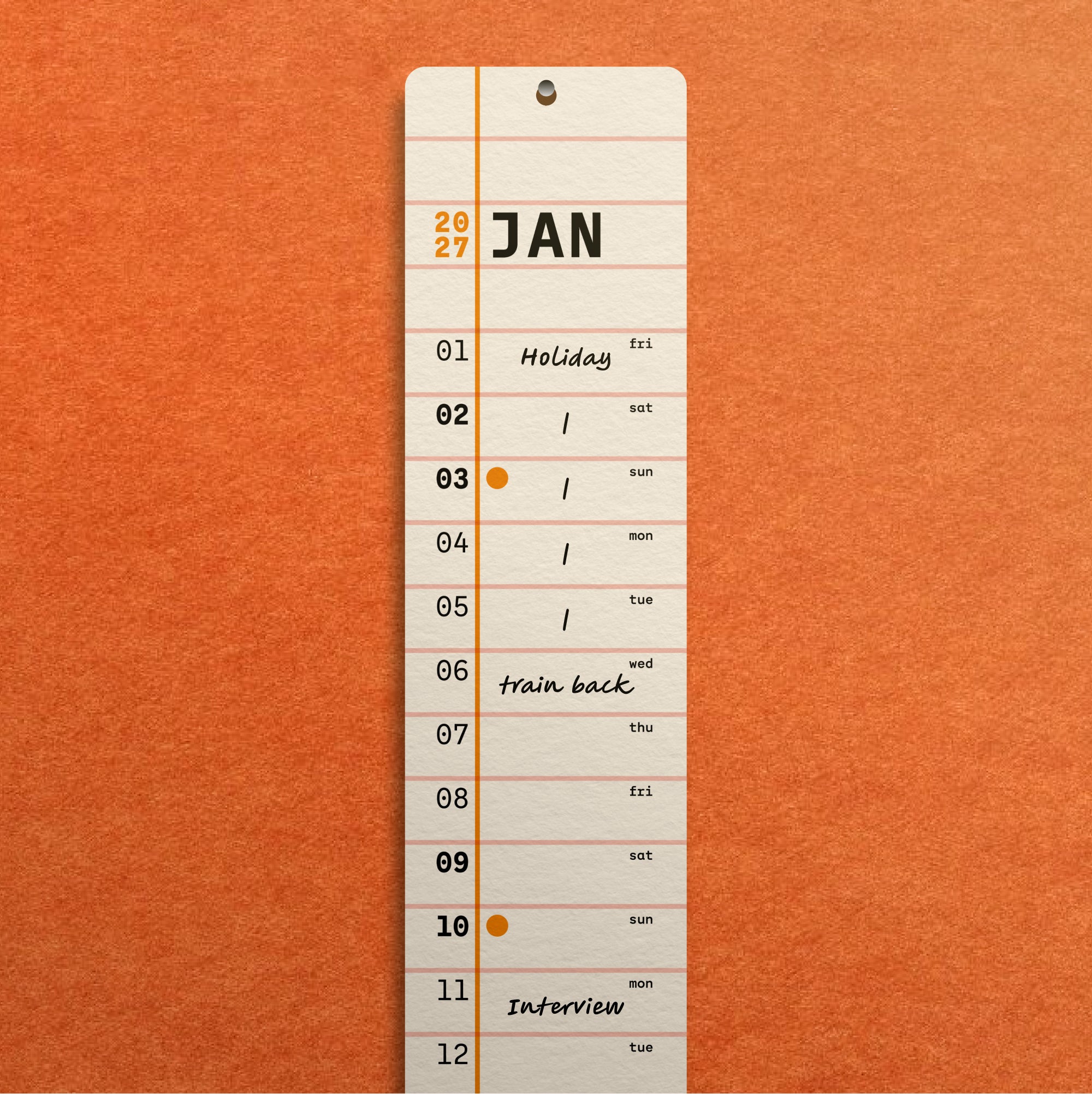 Vertical calendar strip for January on an orange background