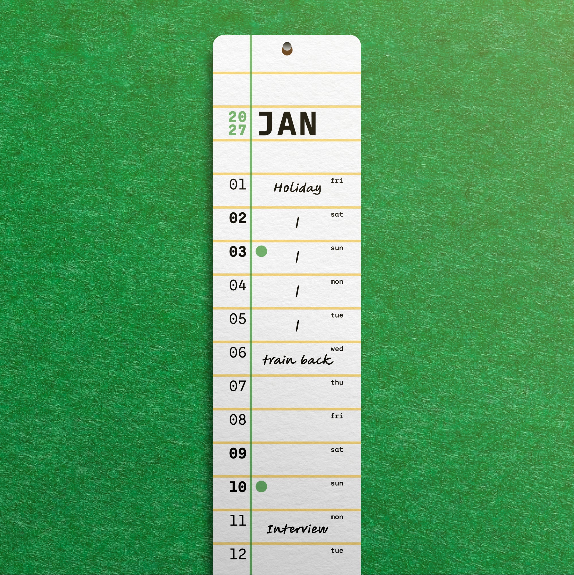 Vertical calendar for January on a green textured background